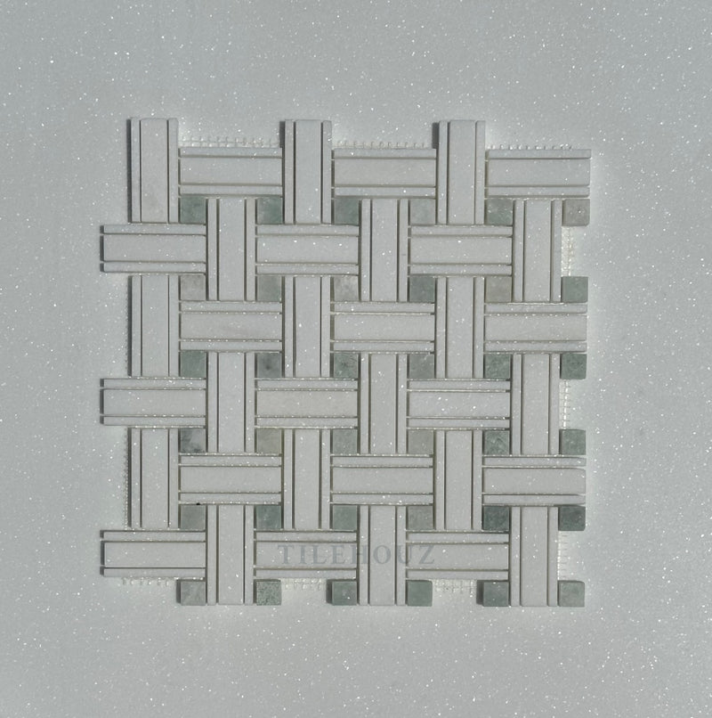 Thassos White Marble Triple-Weave Mosaic W/Ming Green Dots Polished&Honed