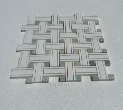 Thassos White Marble Triple-Weave Mosaic W/Ming Green Dots Polished&Honed