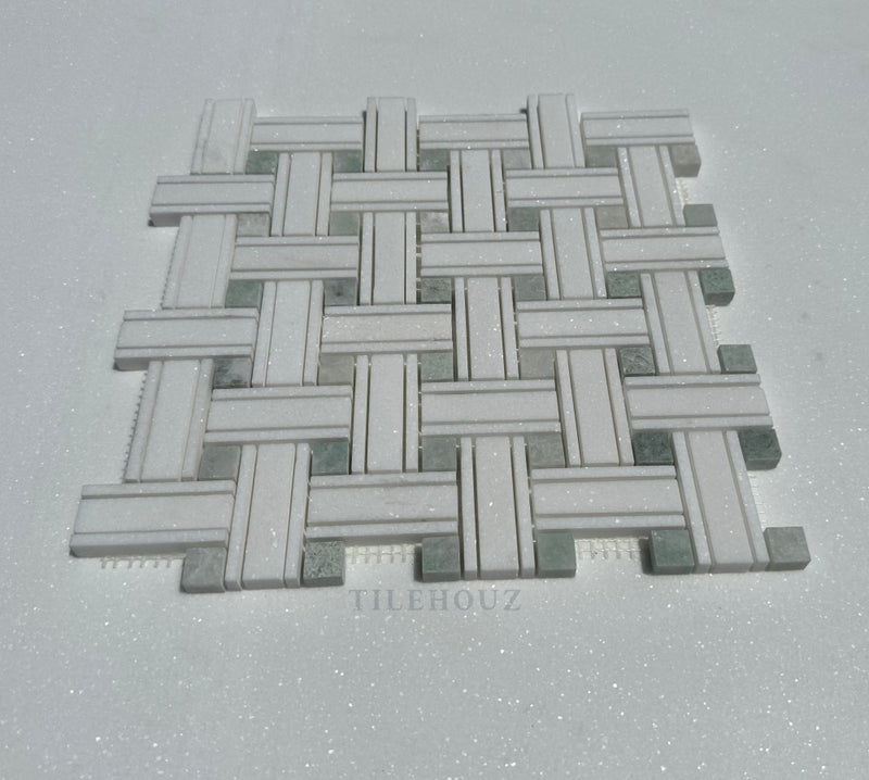 Thassos White Marble Triple-Weave Mosaic W/Ming Green Dots Polished&Honed