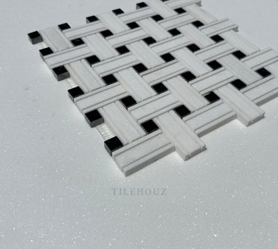 Thassos White Marble Triple-Weave Mosaic W/Nero Marquina (Black Marble) Polished&Honed