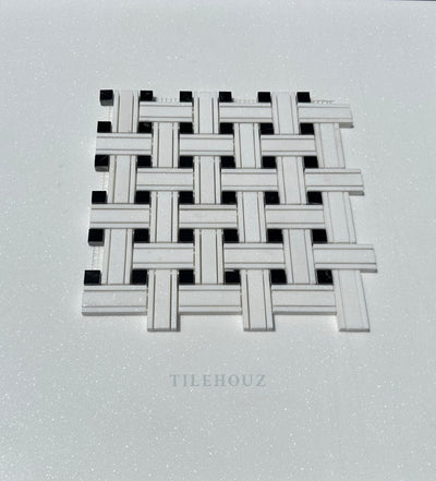 Thassos White Marble Triple-Weave Mosaic W/Nero Marquina (Black Marble) Polished&Honed