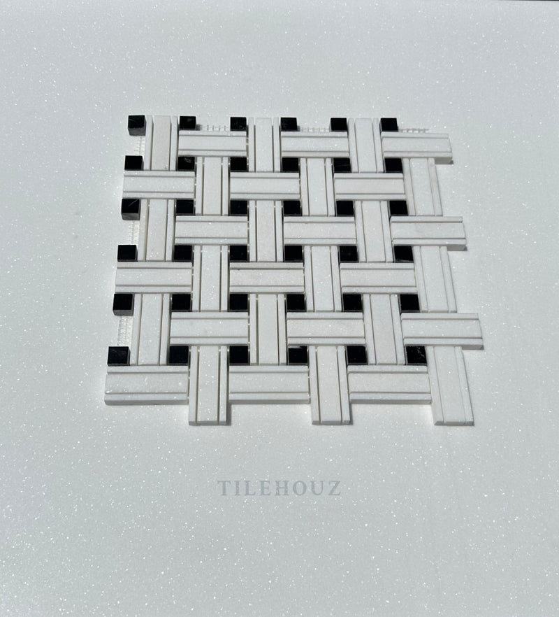 Thassos White Marble Triple-Weave Mosaic W/Nero Marquina (Black Marble) Polished&Honed