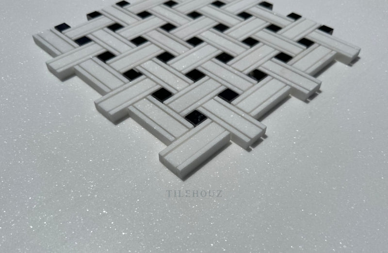 Thassos White Marble Triple-Weave Mosaic W/Nero Marquina (Black Marble) Polished&Honed