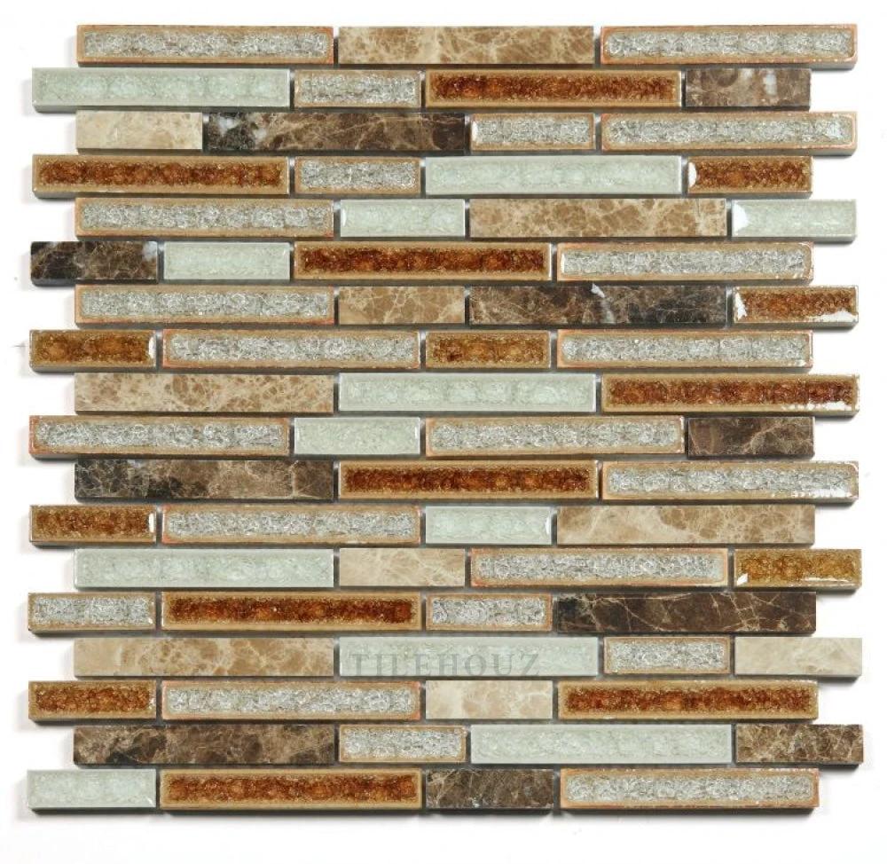 The Lady 12 x 12 crackle glass mosaic tile sheet by Tilehouz in brown, beige, amber and sage tones.