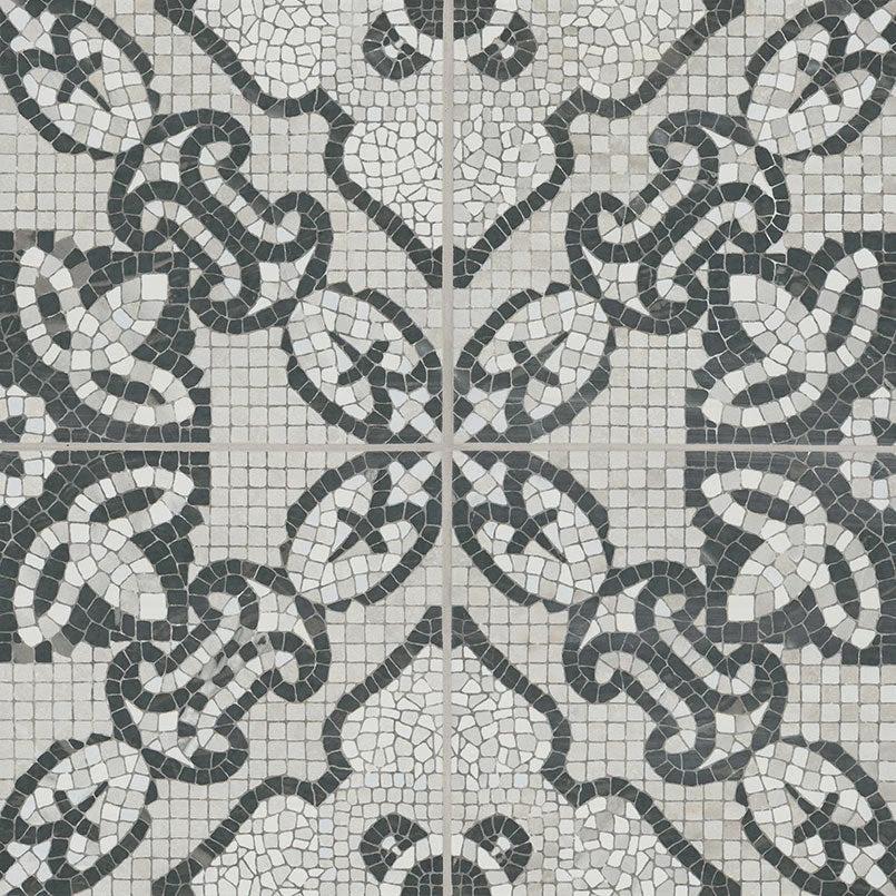 Trastevere 8x8 Deco Encaustic Porcelain Tile, Tilehouz; four black-and-white mosaic tiles for walls and ceilings.