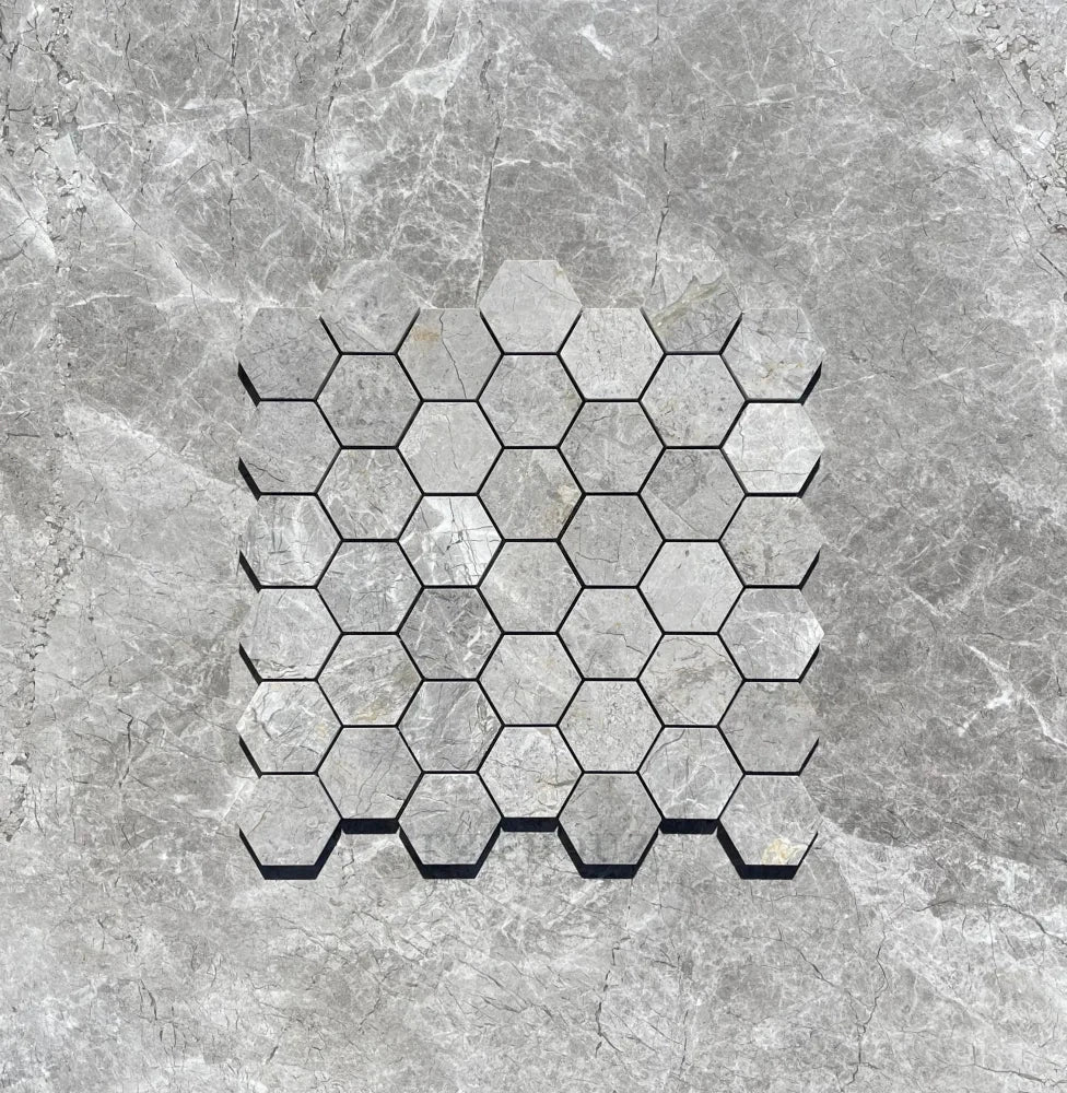 Tundra Gray Marble 2-in Hexagon Mosaic tile sheet; polished & honed by Tilehouz for walls & ceilings