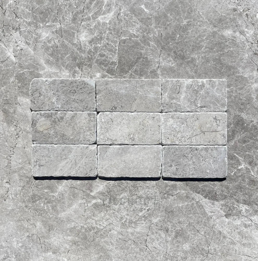 Tundra Gray Marble 3x6 Tumbled Wall Tiles, 6-piece set with gray veining