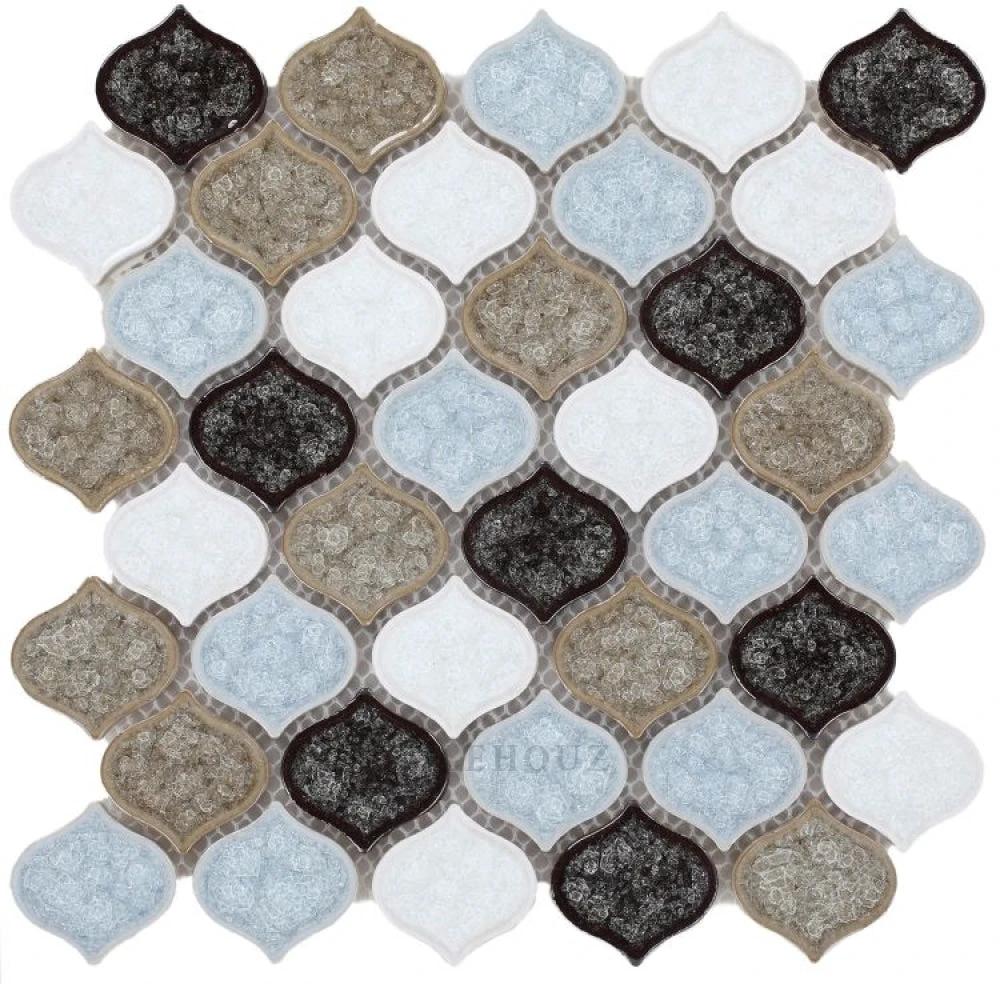 Van Gogh Abby crackle glass mosaic tile; 11x11 inch wall tile in blue, white, taupe and black teardrop pieces (Tilehouz)