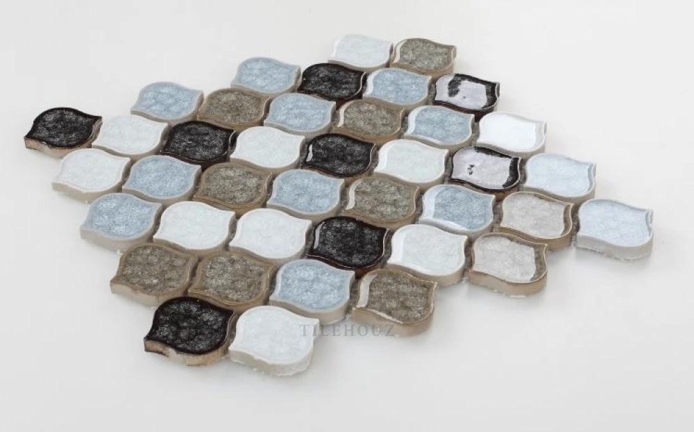 Van Gogh Abby 11x11 crackle glass mosaic tile sheet in blue, white, black and beige tones by Tilehouz