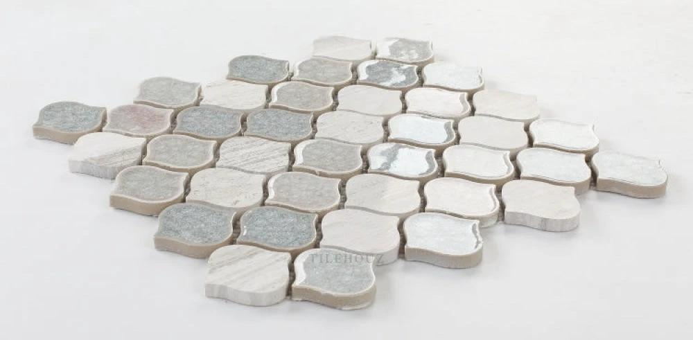 Van Gogh Flare crackle glass mosaic tile sheet, 11x11, white and grey marbled pieces, Tilehouz.