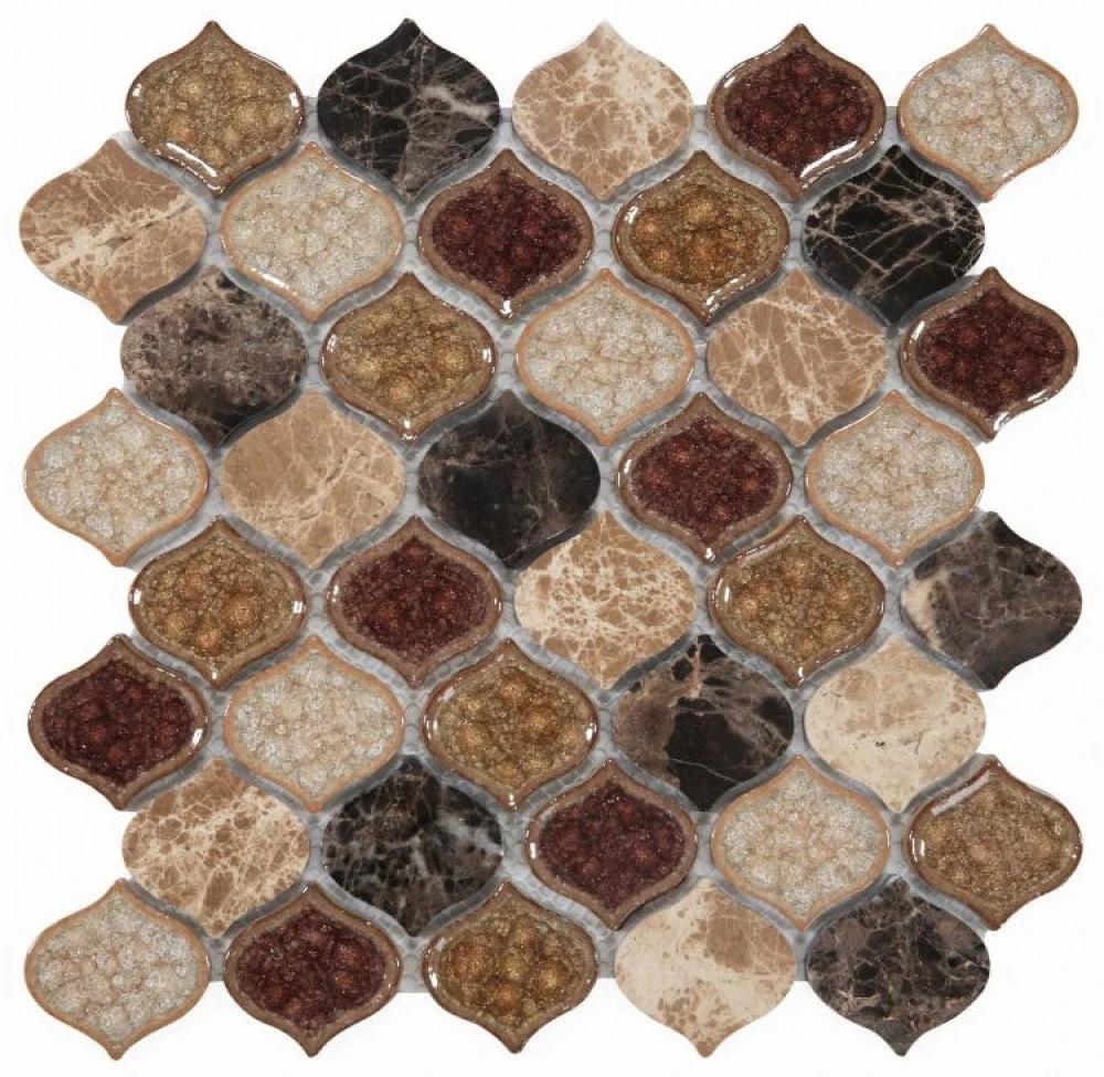 Van Gogh Princess 11x11 crackle glass mosaic tile sheet with tan, beige, brown, cream and burgundy teardrop pieces
