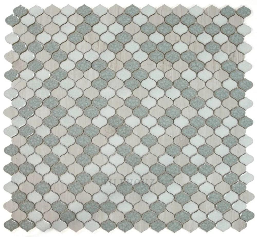 Van Gogh Swiss Blue crackle glass mosaic tile sheet by Tilehouz, 11x11, in cream, blue-gray, white