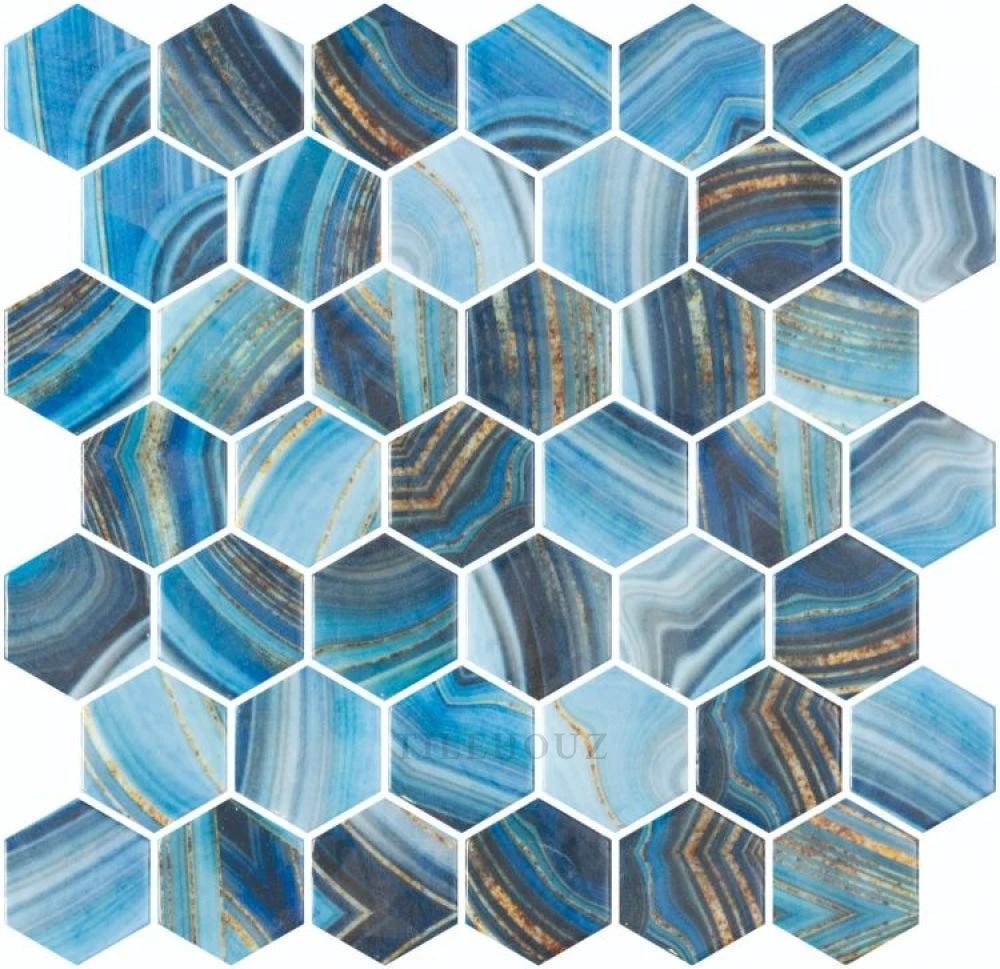 Vanguard Hex XL Onyx Blue glass mosaic tile sheet with blue marbled hex tiles for walls