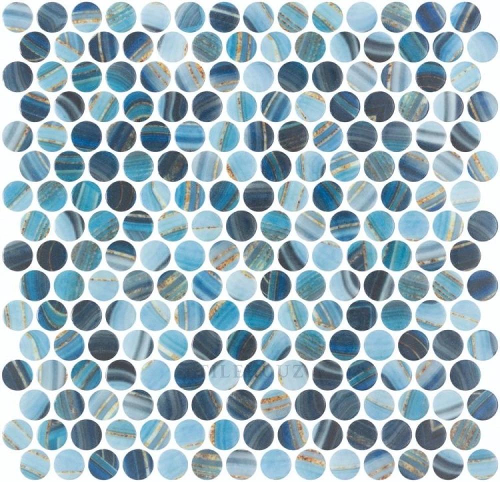 Tilehouz Vanguard Penny Onyx Blue glass mosaic sheet with 11.25 x 11.25 round penny tiles
