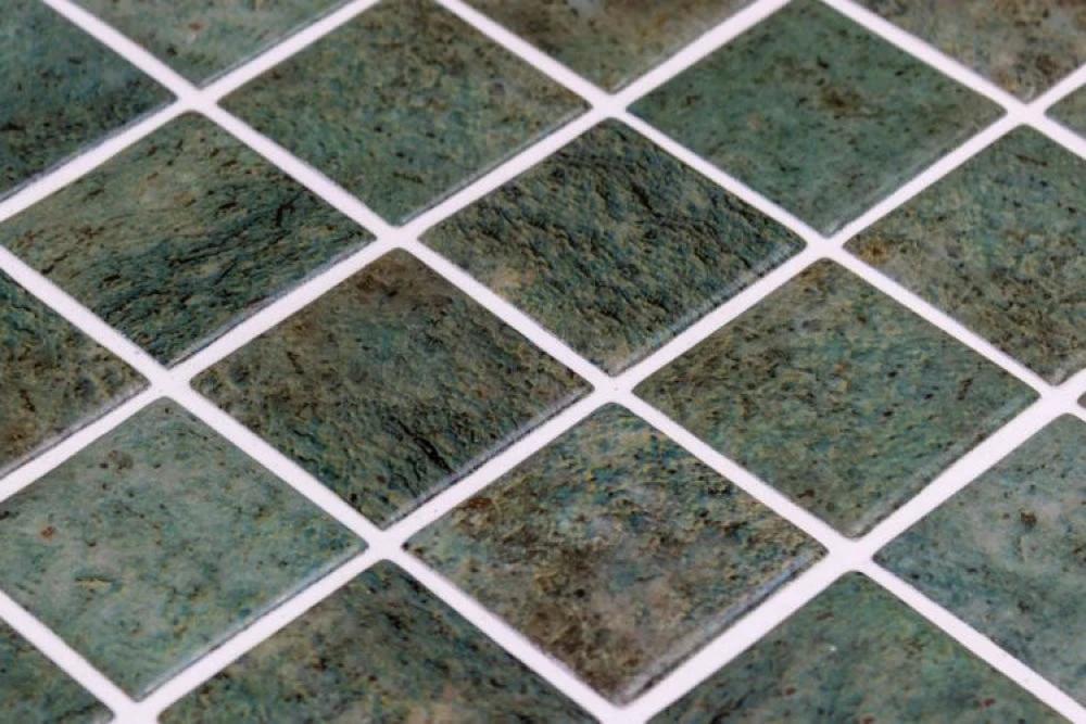 Glass mosaic tile Bali Stone pattern with emerald-green square tiles and white grout, 12.25x12.25