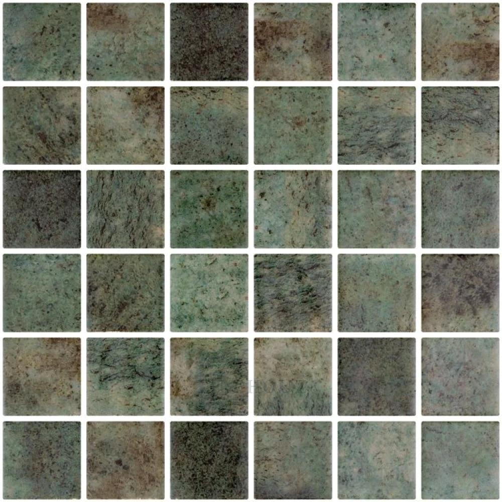 Vanguard Penta Bali Stone glass mosaic tile sheet; green-brown square tiles, 35 on sheet