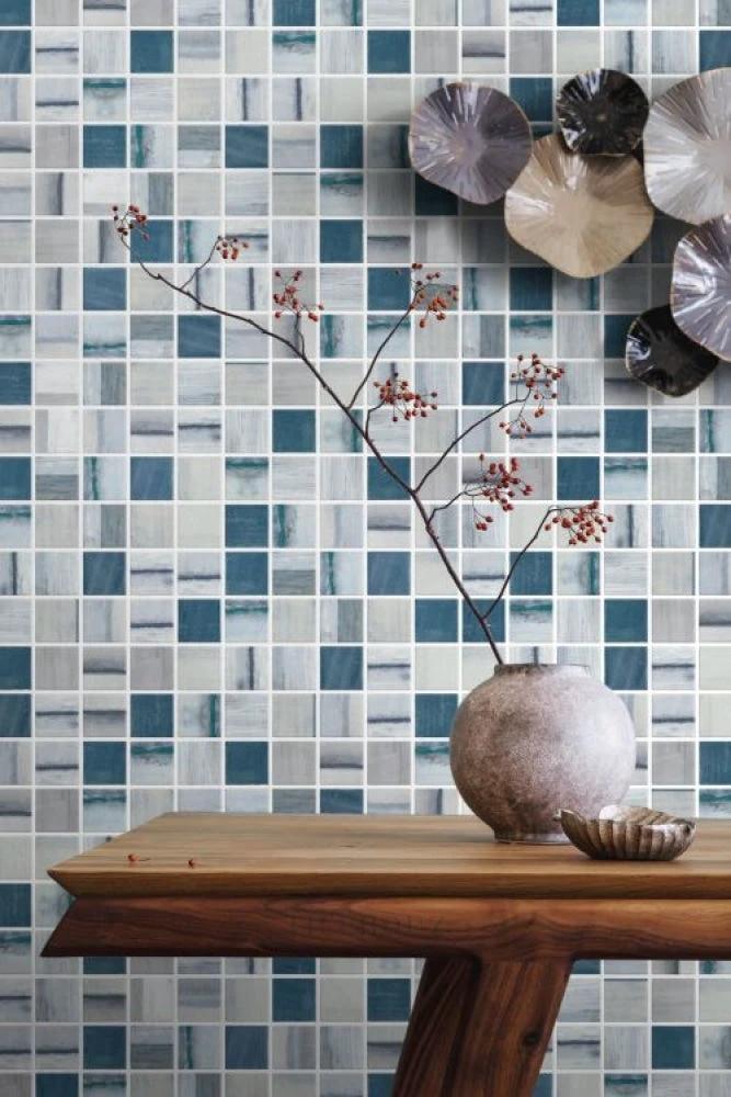 Glass mosaic Vanguard Penta bluish grey 12.25 x 12.25 square wall tile by Tilehouz