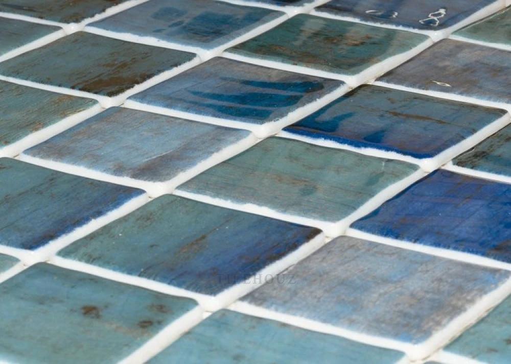 Glass mosaic tiles Vanguard Penta Forest Blue by Tilehouz, 12.25 x 12.25 inch square, blue forest tones