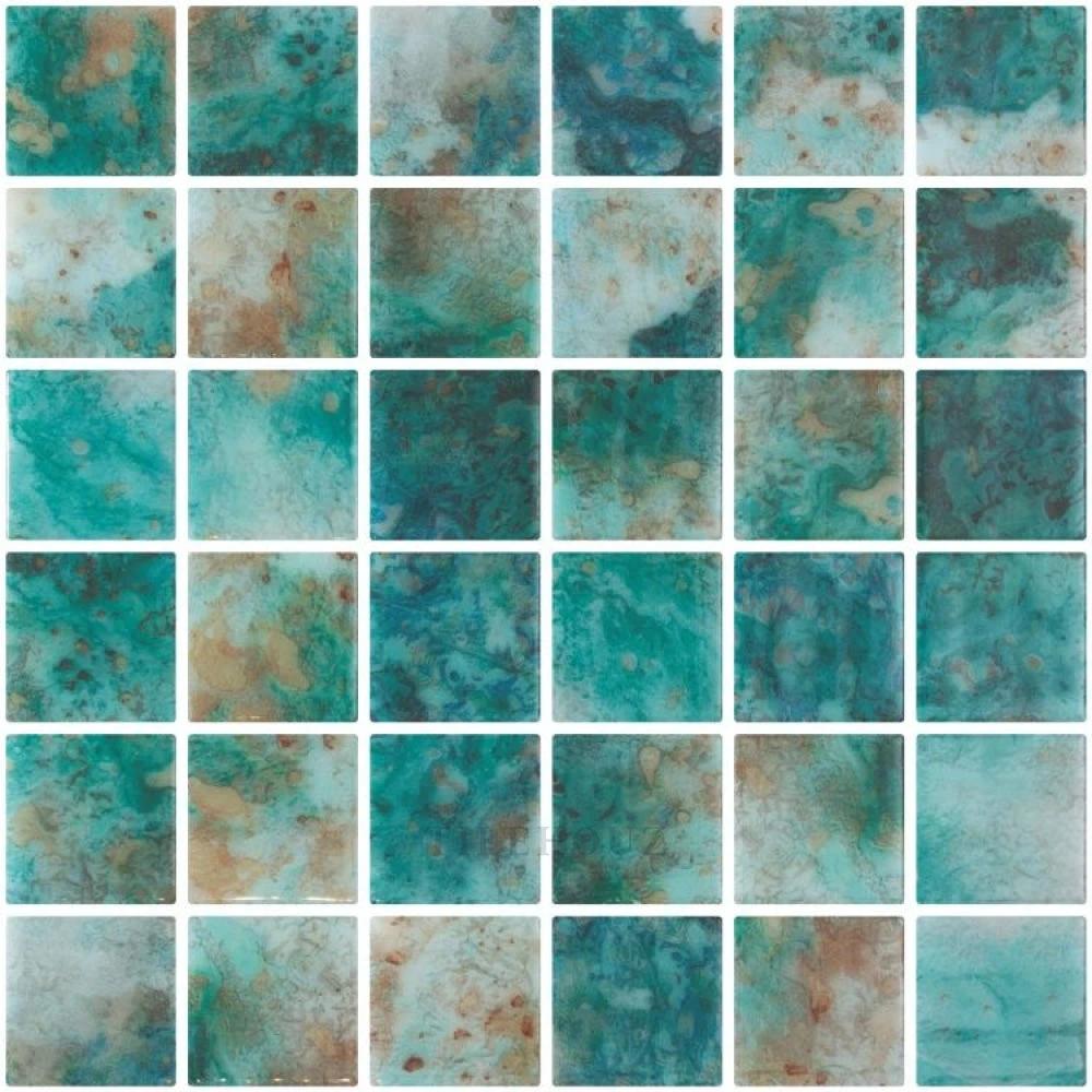 Glass mosaic Vanguard Penta Green by Tilehouz; 12.25 x 12.25 in teal square glass tiles in a grid.