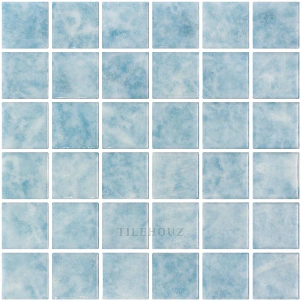 Vanguard Penta Ios Blue glass mosaic tile sheet, 12.25-inch square, blue marbled tiles