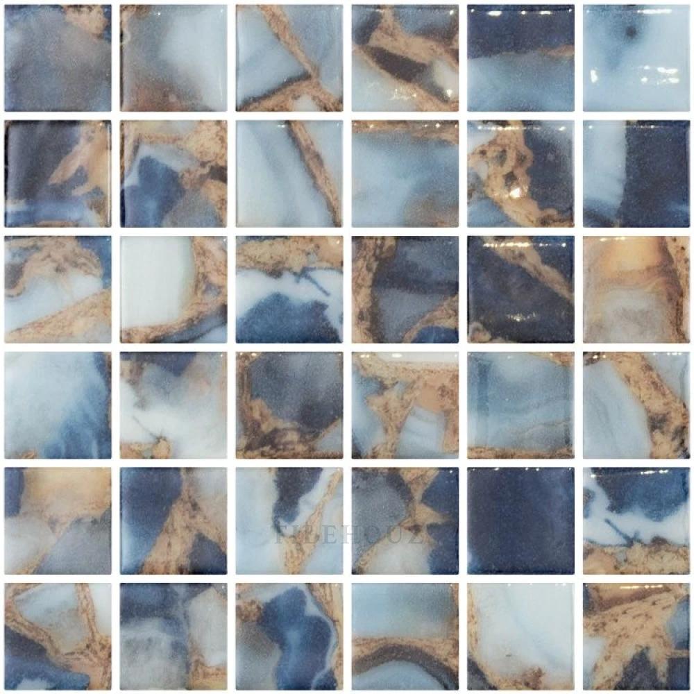 Glass mosaic tile Vanguard Penta Mauna 12.25x12.25, blue-gray with gold veining, Tilehouz