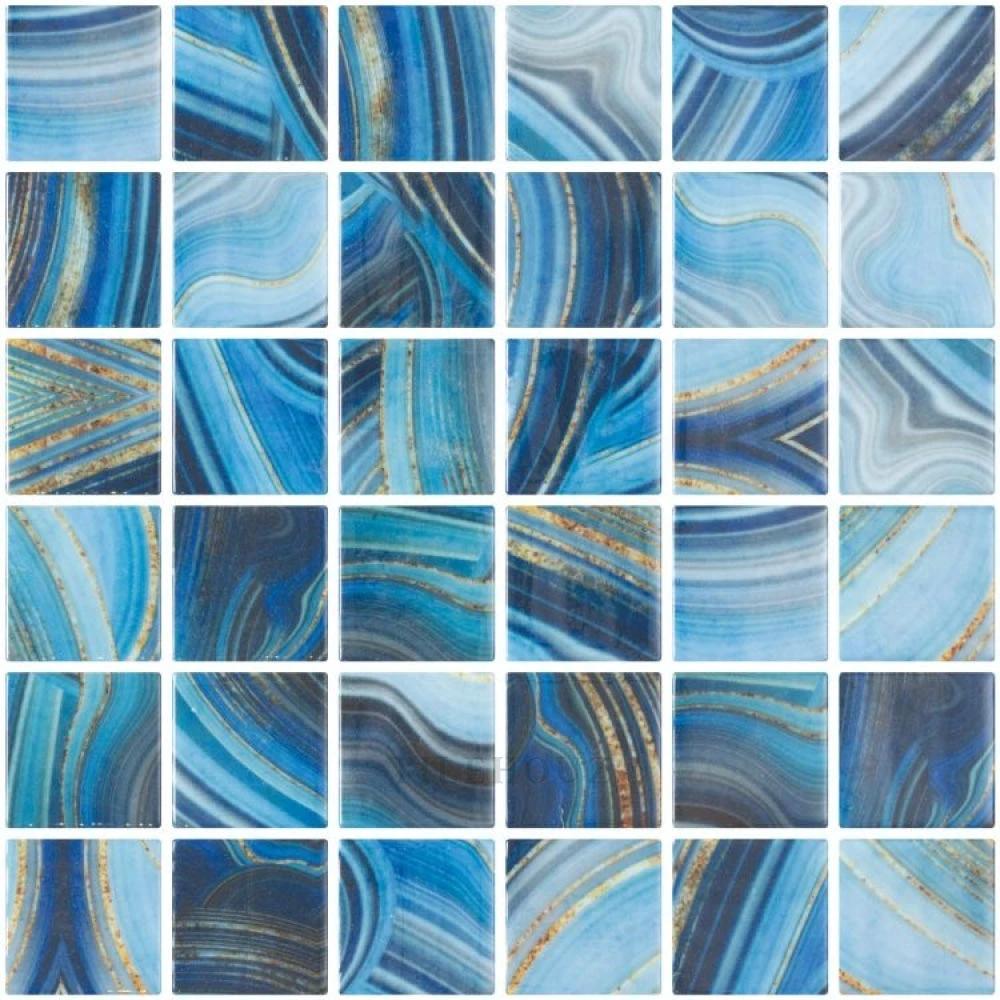 Glass mosaic tile Vanguard Penta Onyx Blue, 12.25 in square, blue marbled with gold veining, Tilehouz