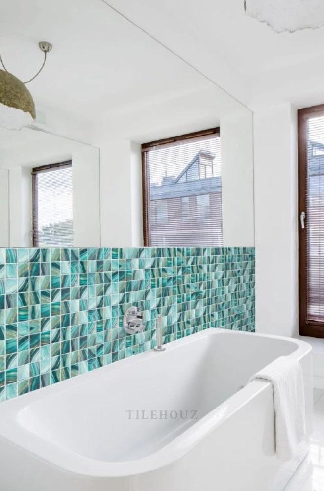 Vanguard Penta Onyx Teal glass mosaic tile for walls by Tilehouz, 12.25 x 12.25 in square