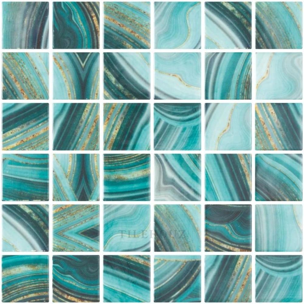 Glass mosaic tile by Tilehouz: Vanguard Penta Onyx Teal, 12.25x12.25 in, teal marbled squares with gold veining
