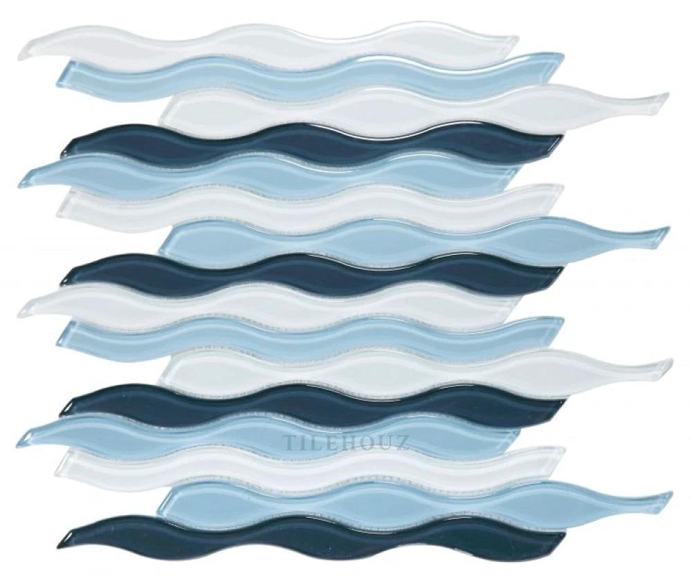 Water Blue glass mosaic tile by Tilehouz; wavy blue and white glass strips for wall/ceiling use