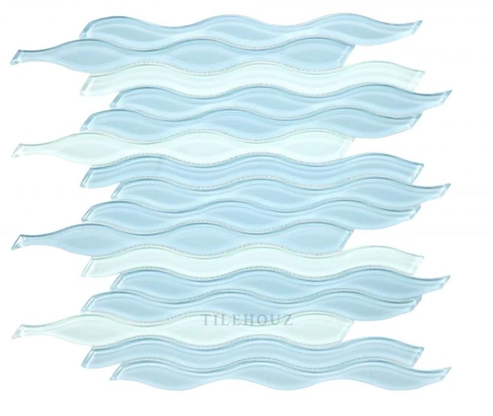 Water Sapphire glass mosaic tiles by Tilehouz, blue wavy pattern, 11.50 x 12.50 in