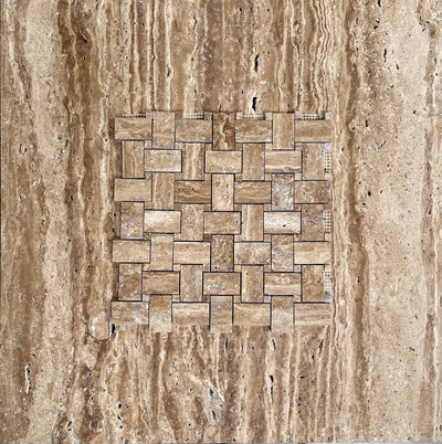 Wood Look Travertine Vein-Cut 1X2 Basketweave Mosaic