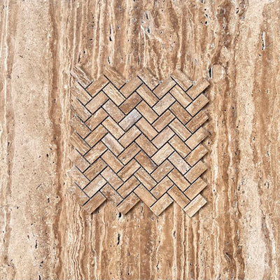 Wood Look Travertine Vein-Cut 1X2 Herringbone Mosaic