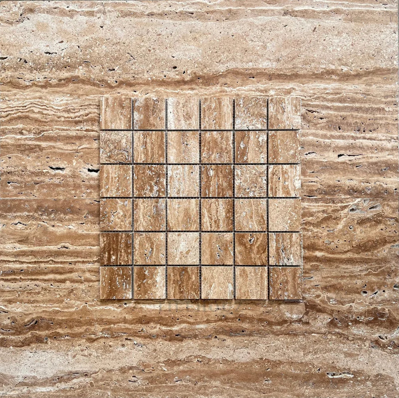 Wood Look Travertine Vein-Cut 2X2 Square Mosaic