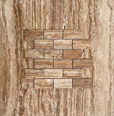 Wood Look Travertine Vein-Cut 2X4 Brick Mosaic