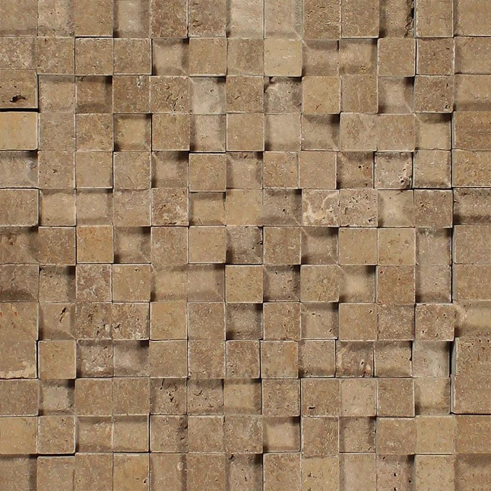 1x1 split-faced Noce travertine 3-D mosaic tile for walls by Tilehouz