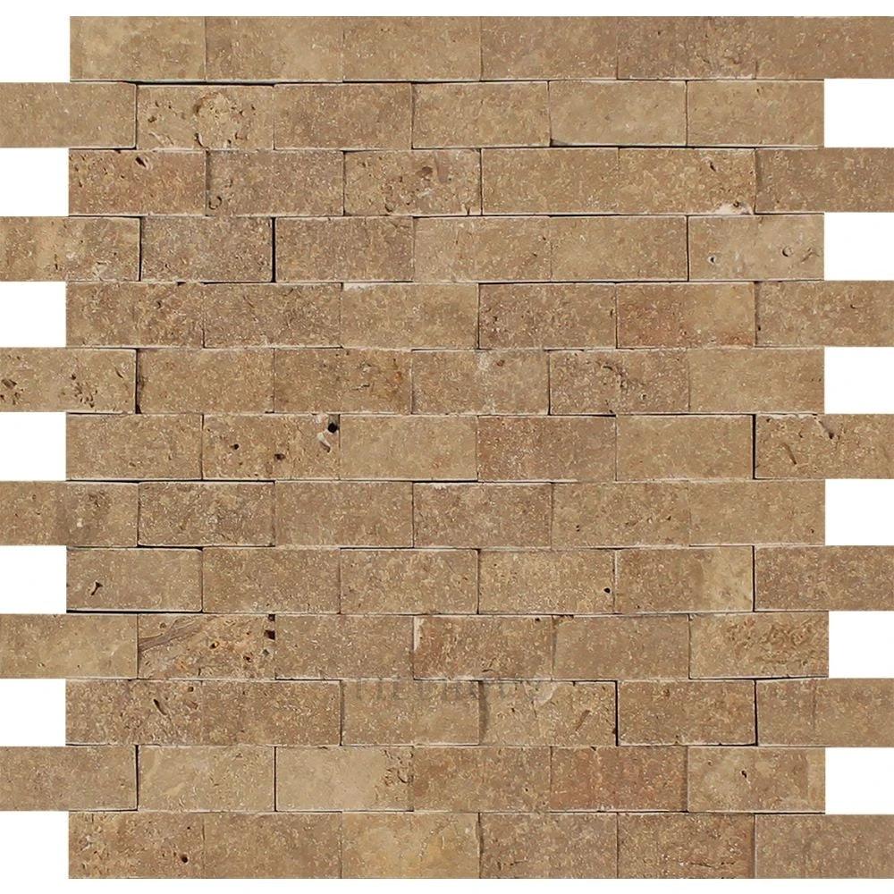 1x2 split-faced Noce travertine brick mosaic wall tile