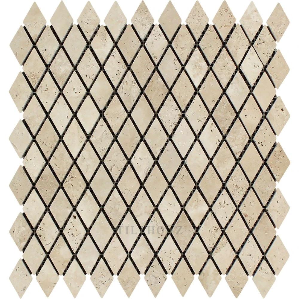 1x2 ivory travertine diamond mosaic tile sheet, tumbled, Tilehouz wall & ceiling tile
