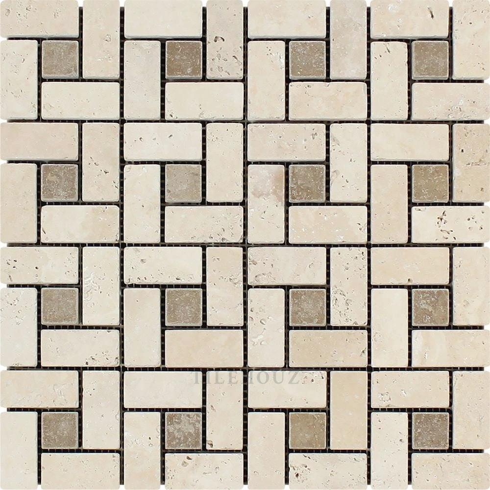 1x2 Ivory travertine large pinwheel mosaic tile with Noce dots by Tilehouz
