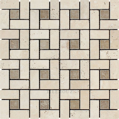 1 X 2 Tumbled Ivory Travertine Large Pinwheel Mosaic Tile W/ Noce Dots Tiles