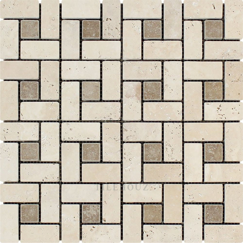 1 X 2 Tumbled Ivory Travertine Large Pinwheel Mosaic Tile W/ Noce Dots Tiles