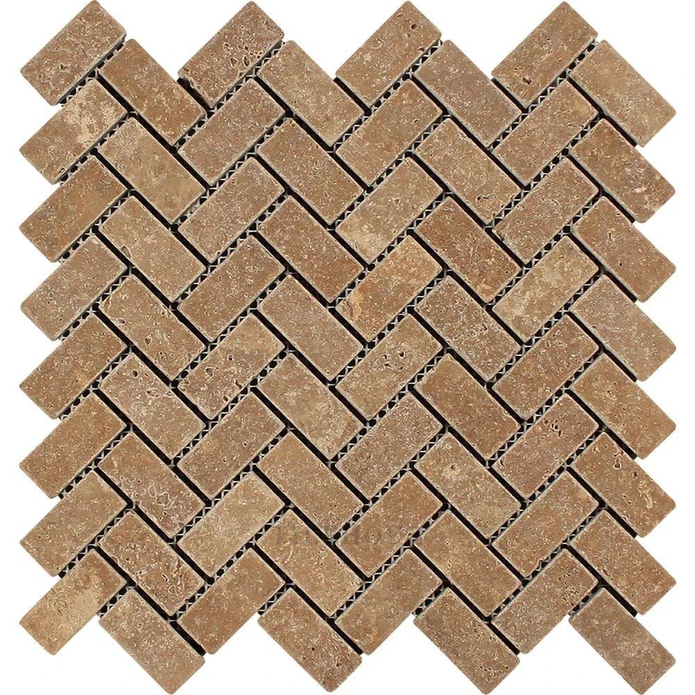 1x2 tumbled Noce travertine herringbone mosaic wall tile Tilehouz