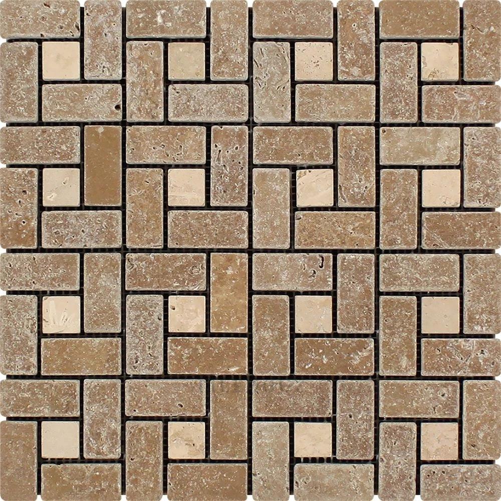 Noce travertine 1x2 tumbled large pinwheel mosaic tile with ivory dots by Tilehouz for walls