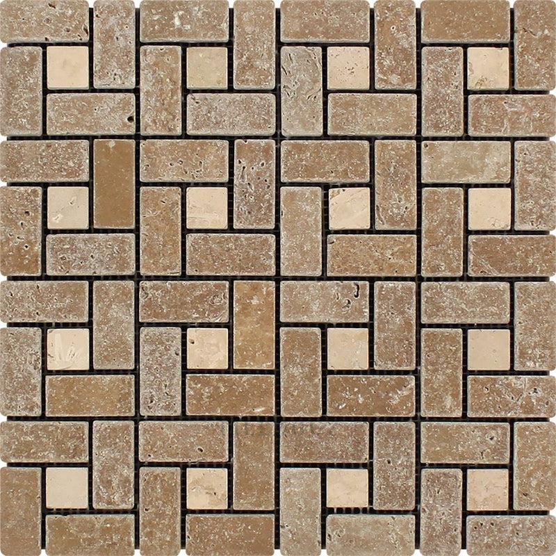 1 X 2 Tumbled Noce Travertine Large Pinwheel Mosaic Tile W/ Ivory Dots Tiles