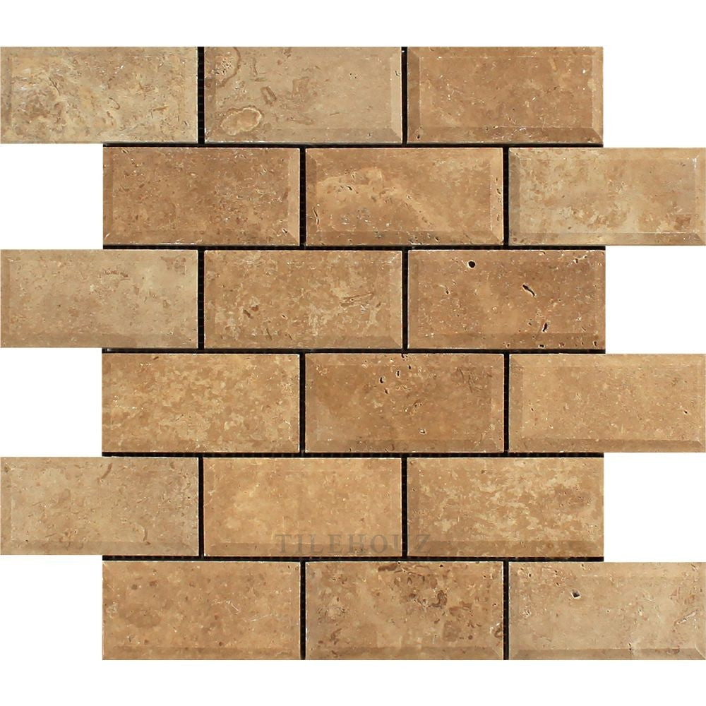 Tilehouz 2x4 tumbled Noce travertine deep-beveled brick mosaic tile for wall & ceiling