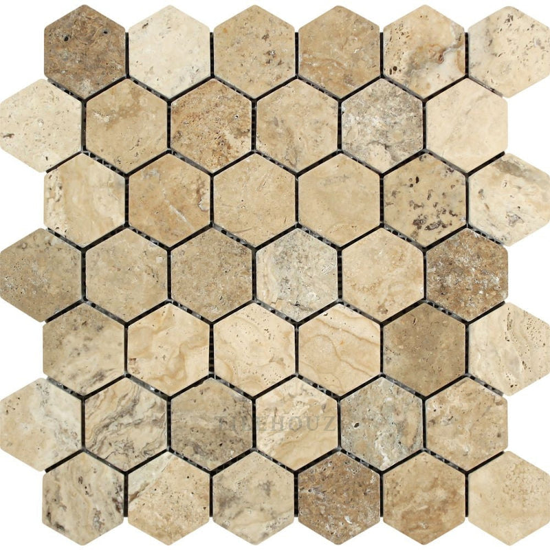 2 X Tumbled Philadelphia Travertine Hexagon Mosaic Tile Tiles