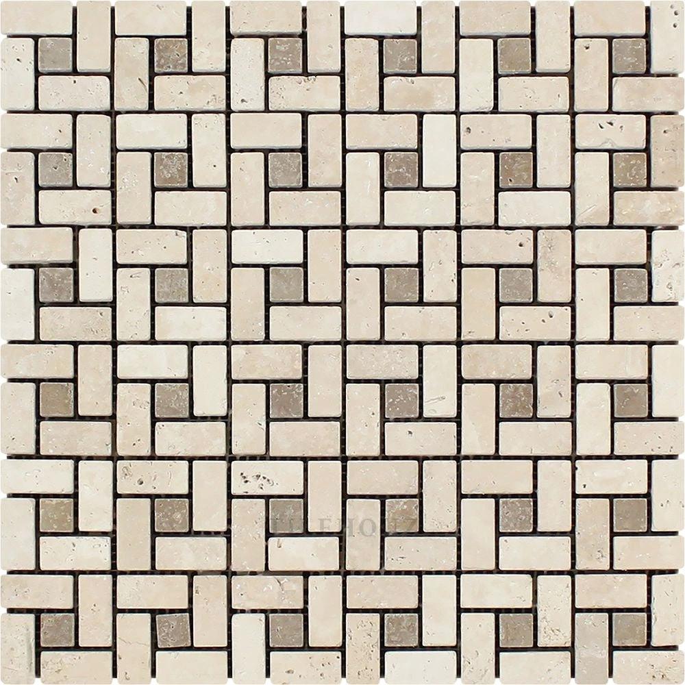Travertine mosaic tile sheet ivory mini pinwheel with Noce dots