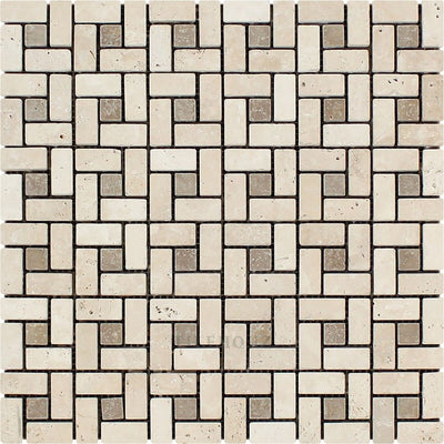 5/8 X 1 1/4 Tumbled Ivory Travertine Mini Pinwheel Mosaic Tile W/ Noce Dots Tiles