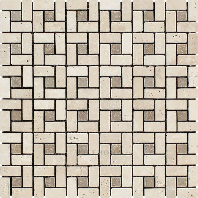 5/8 X 1 1/4 Tumbled Ivory Travertine Mini Pinwheel Mosaic Tile W/ Noce Dots Tiles