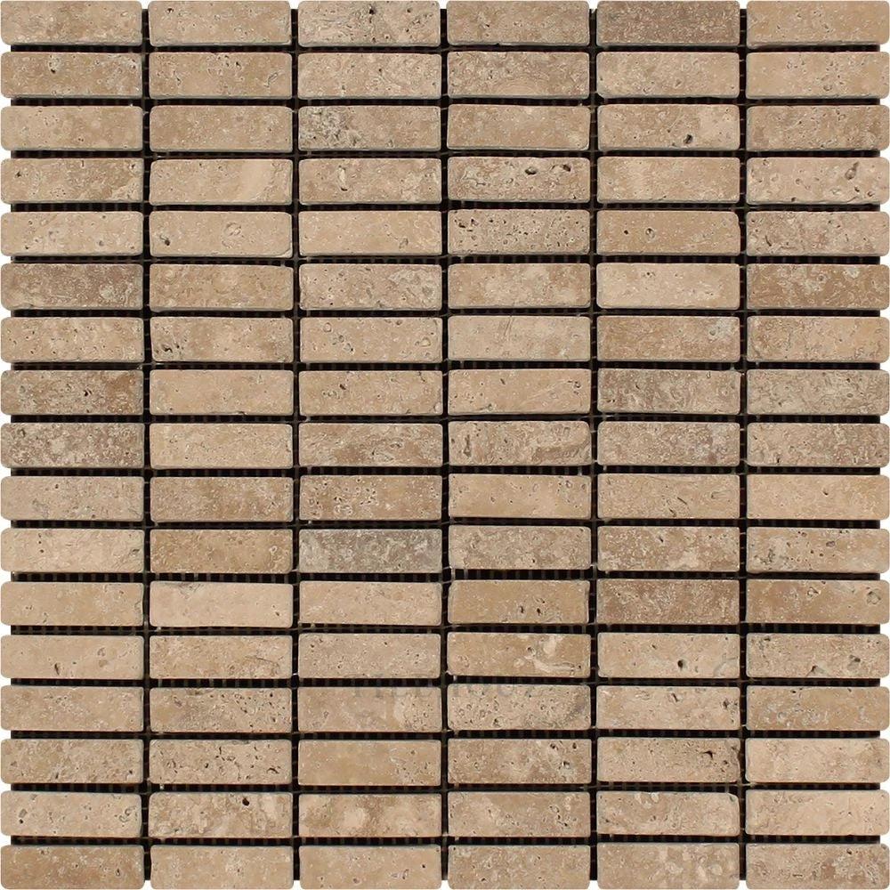 5/8 x 2 Noce travertine single-strip mosaic tile sheet by Tilehouz, wall & ceiling tile