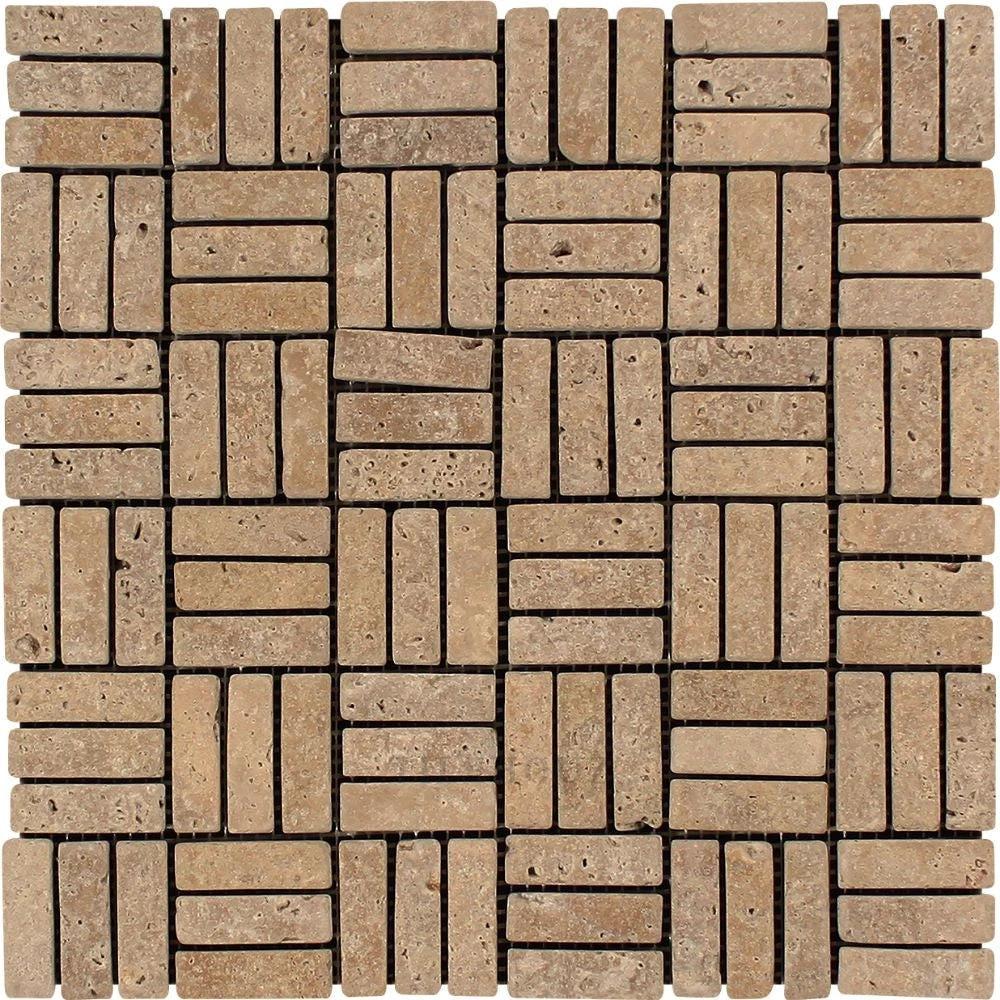 Travertine triple-strip mosaic wall tile 5/8 x 2 in Noce, tumbled